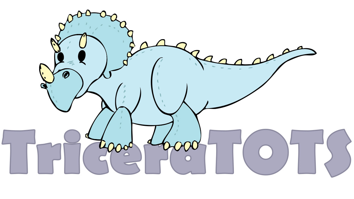 Blue Triceratops illustrated in the style of a stuffed animal sitting on top of the word TriceraTOTs.