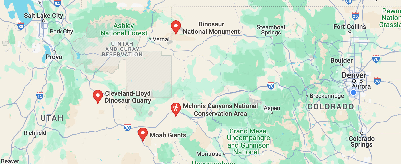 map of Dinosaur Diamond trip locations