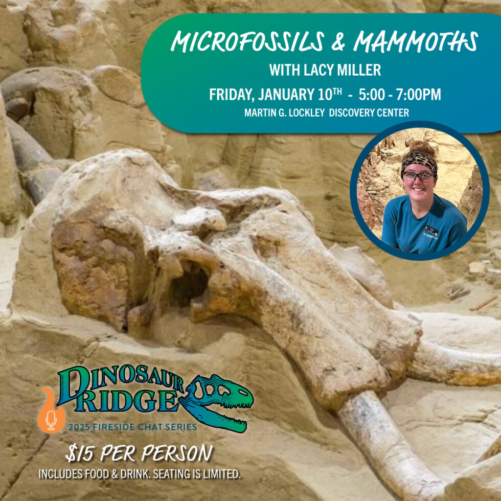 Promo for Fireside Chat on January 10 for Lacy Miller presenting on microfossils at the Mammoth Site in South Dakota.