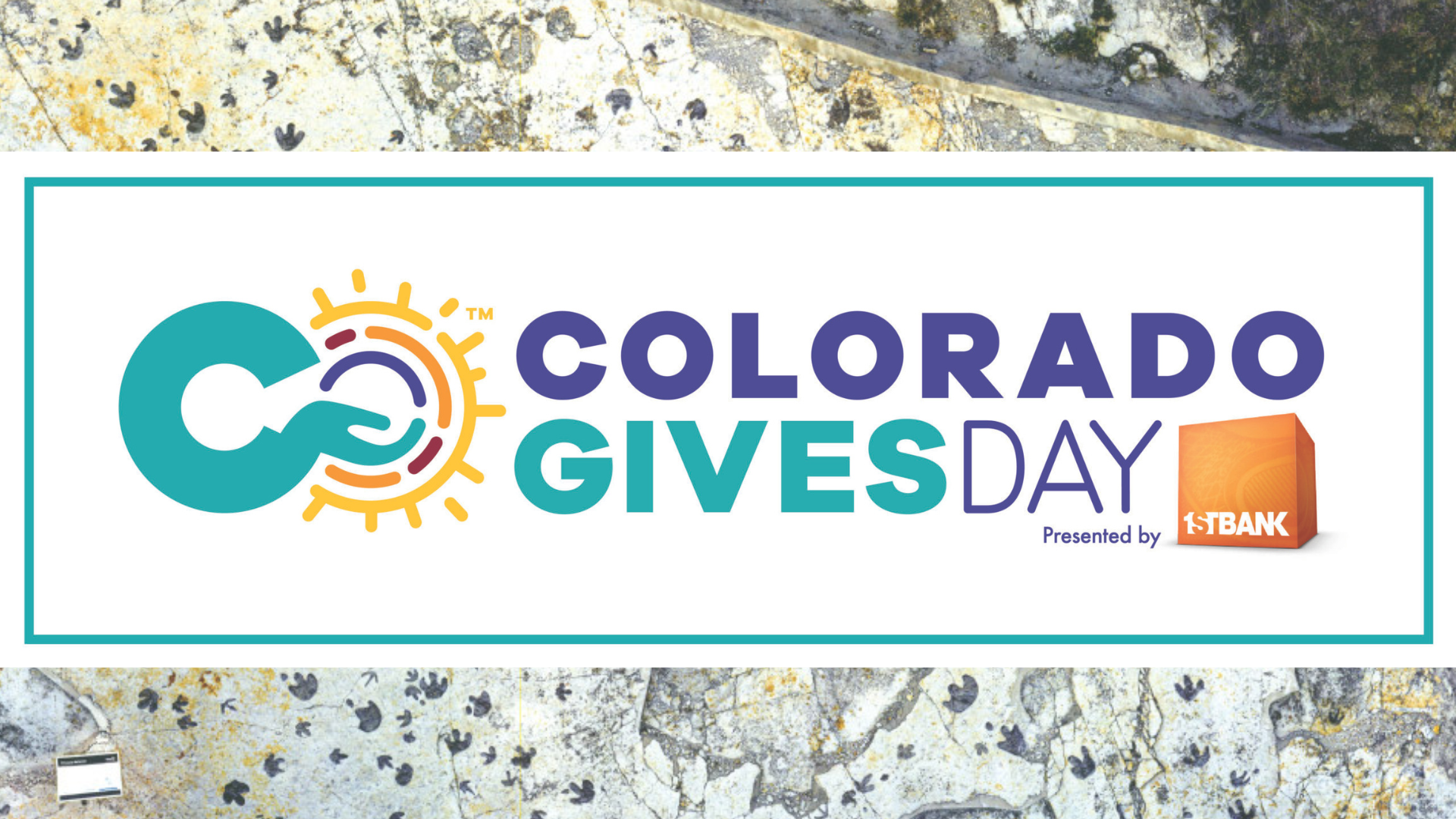 Colorado Gives Day logo in front of dinosaur tracksite