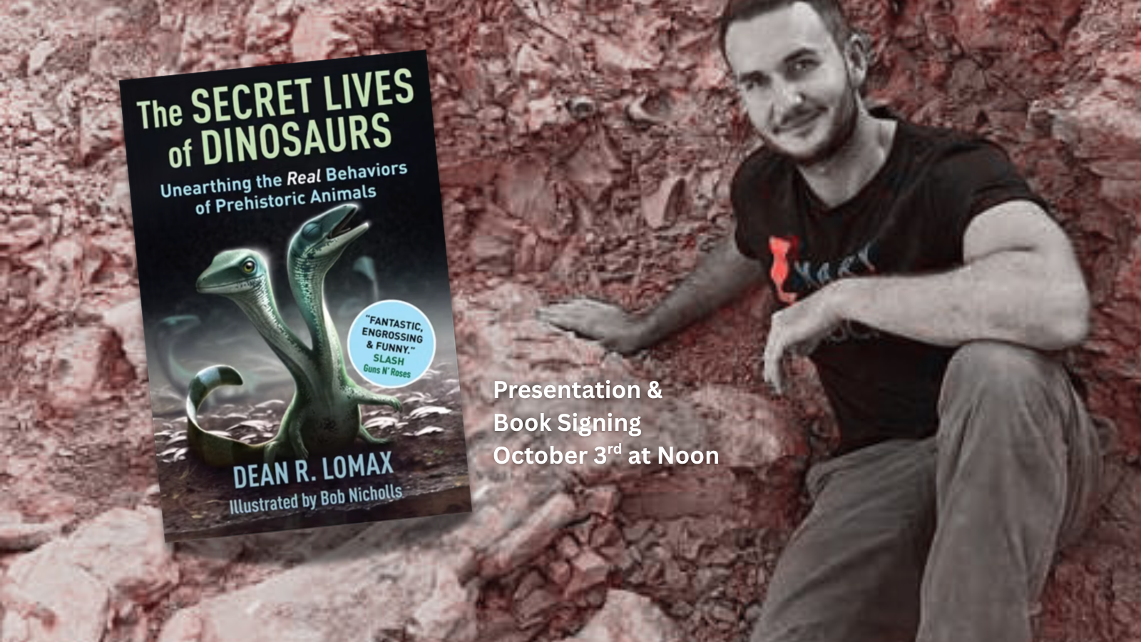 Dr. Dean Lomax smiles next to a copy of his book The Secret Lives of Dinosaurs.