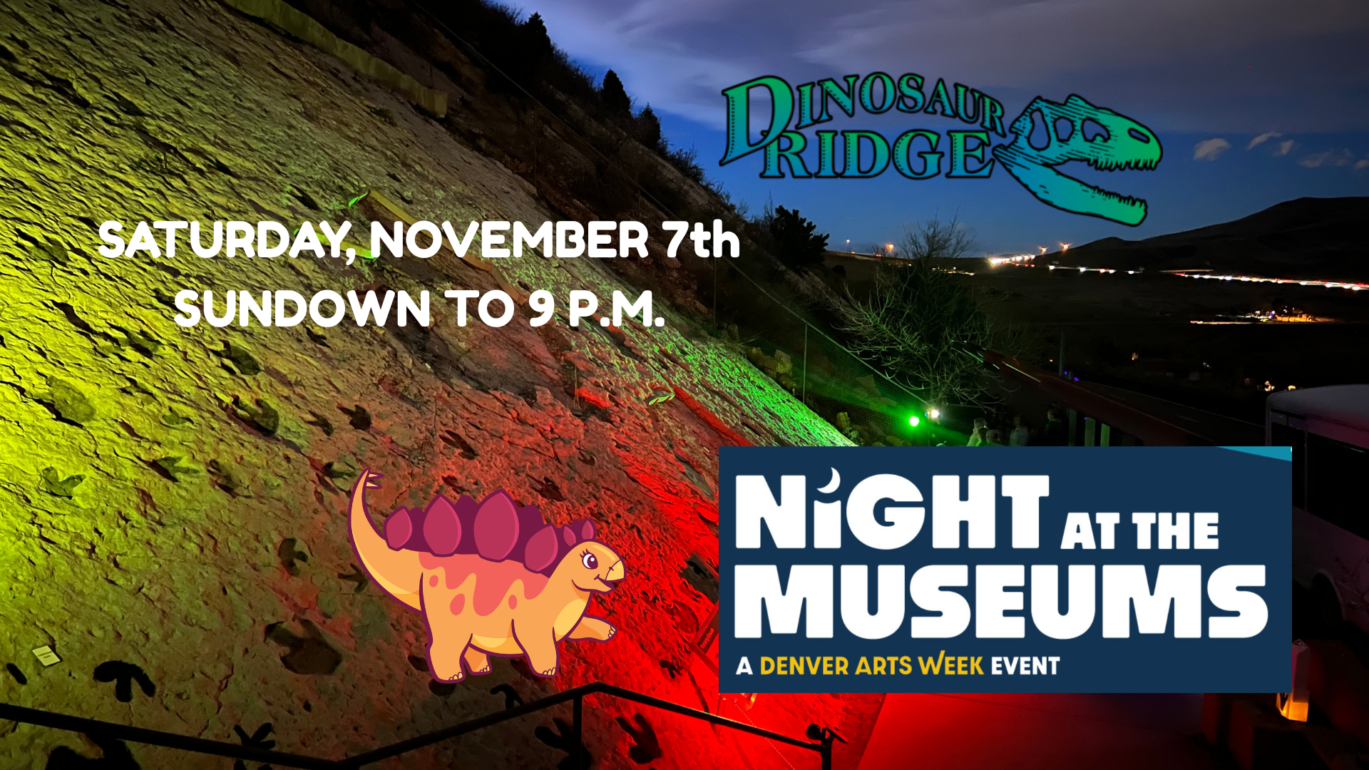 Night at the Museums photo of colorful tracksite and night sky.